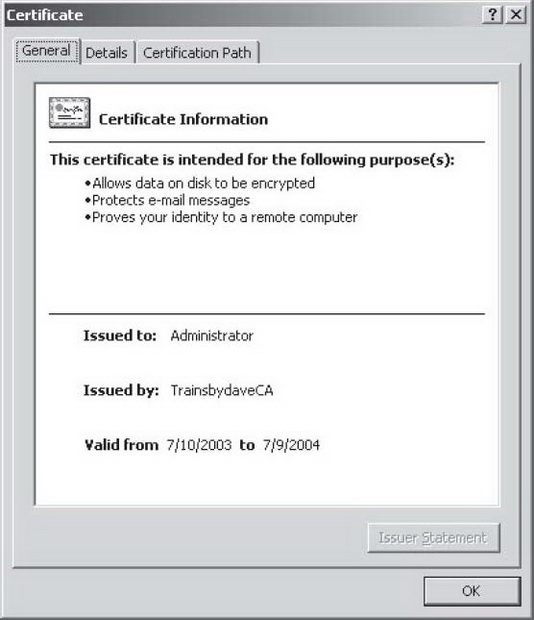 Вкладка General страницы свойств пользовательского сертификата
