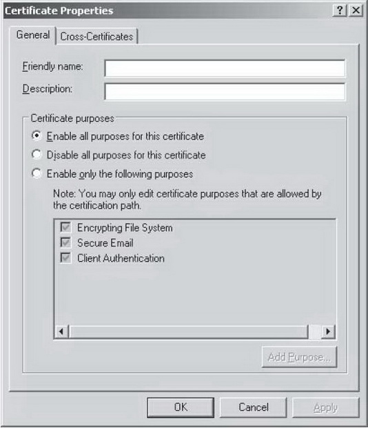 Редактирование свойств сертификата в Outlook 2003