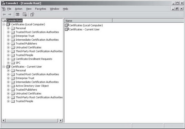 Консоль ММС с установленными оснастками Certificates для локального компьютера и текущего пользователя