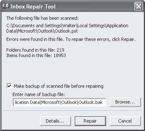 Программа Inbox Repair Tool, сканирующая файл .PST