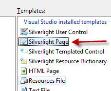 Выбор шаблона Silverlight Page