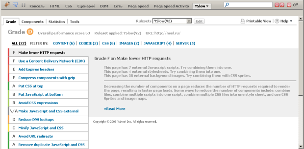 Панель анализа страницы дополнения YSlow для Firefox