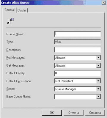 Форма для заполнения свойств alias очереди