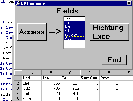 Передача данных Access -  Excel, вид формы после старта проекта и результат на листе Excel