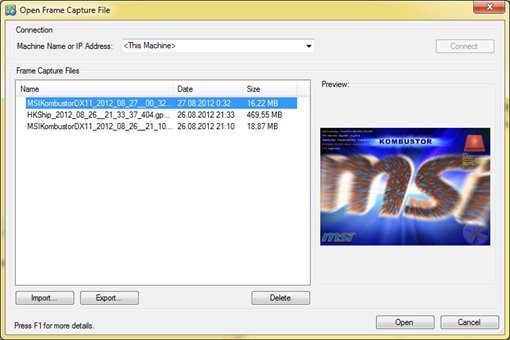 Выбор перехваченного кадра для анализа в Intel GPA Frame Analyzer