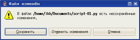 Пример реакции IDE Eric на запуск несохранённого варианта программы