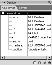 Улучшенная панель CSS Styles (CSS-стили) позволяет переопределять как стили HTML-тегов, так и пользовательские CSS-классы