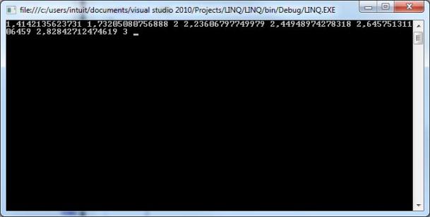  Результат выполнения LINQ - запроса  с использованием функции Math.Sqrt()