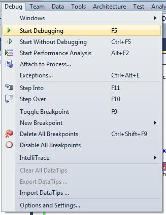  Запуск режима отладки из меню Debug 