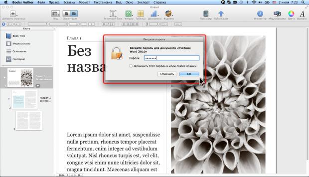 Ввод пароля при открытии книги