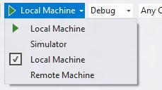 Параметры отладки в панели инструментов Visual Studio