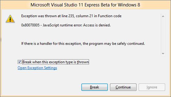 Диалоговое окно исключения в Visual Studio. Как показывает диалоговое окно, можно безопасно нажать на кнопку Продолжить (Continue), если в вашем приложении есть обработчик ошибок; в противном случае работа приложения завершится. Обратите внимание на флаг в этом окне, который позволяет быстро включить опцию Вызванное (Thrown) для данного типа исключений в диалоговом окне Исключения