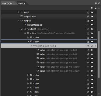Развернув структуру элемента управления WinJS в панели Динамическая DOM в Blend, можно увидеть элементы, использованные для его построения