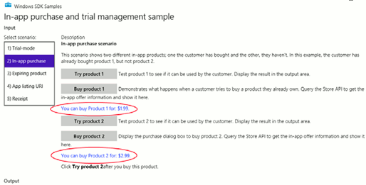 Сценарий 2 примера "Пробное приложение и покупки в приложении" (окно обрезано). Информация о продукте, полученная из Магазина Windows, отображена синим текстом (обведена здесь красными кружками)