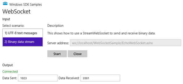 Выходные данные Сценария 2 примера "Соединение с WebSocket" (окно обрезано)
