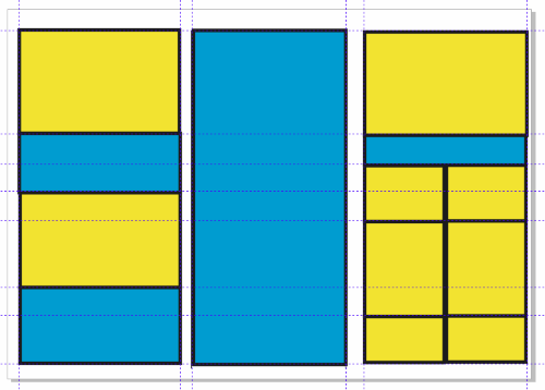 Желтые прямоугольники обозначают места для фотографий, а голубое пространство между прямоугольниками займет текст