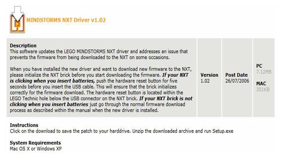 Страница загрузки USB драйвера LEGO