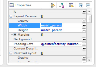 Свойства <RelativeLayout> элемента, выбран атрибут android:layout_width