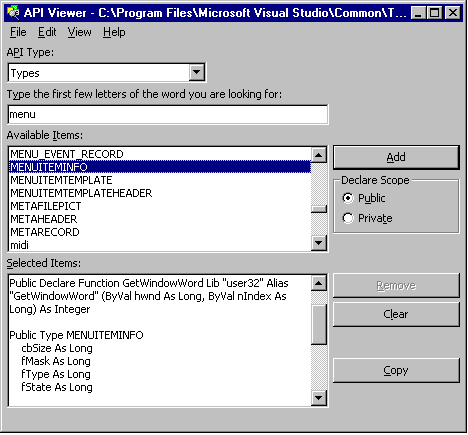 Получение корректной формы записи оператора Declare в окне API Viewer