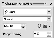 Список Font List (Гарнитура) на пристыковываемом окне Character Formatting (Форматирование текста)