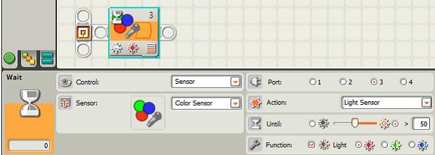 Настройки блока Wait Color Sensor в режиме измерения освещённости