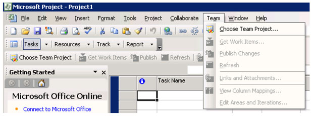 Меню Team в Microsoft Project.