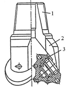 Шарошечное долото: 1 – корпус с резьбовой головкой; 2 – лапа с опорой; 3 – шарошка