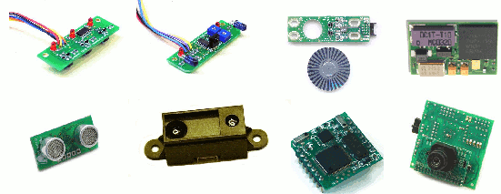 Дешевые датчики слева направо: Отслеживания линии, ИК датчик близости, углового положения, GPS, ультразвуковой локатор, ИК датчик расстояния, электронный компас, камера CMOS