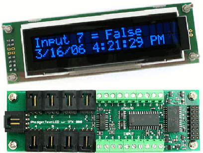 Это устройство Phidget USB содержит LCD и цифровые и аналоговые контакты В/В