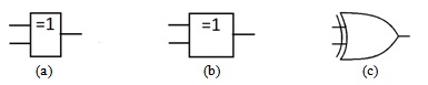  Схема ИСКЛЮЧАЮЩЕЕ ИЛИ-НЕ: (a) ГОСТ; (b) IEC; (c) ANSI 