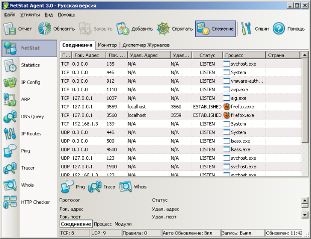 Главное окно программы NetStat Agent