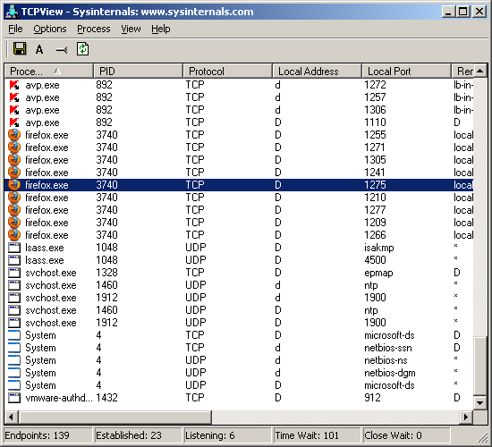 Главное окно программы TCPView