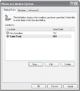 Установка места размещения для набора номера в Windows XP Professional