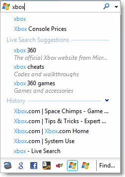 Подсказки поискового расширения Microsoft Live