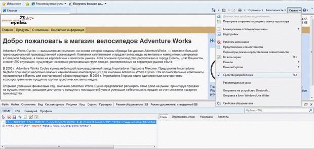 Средства разработчиков Internet Explorer 8 