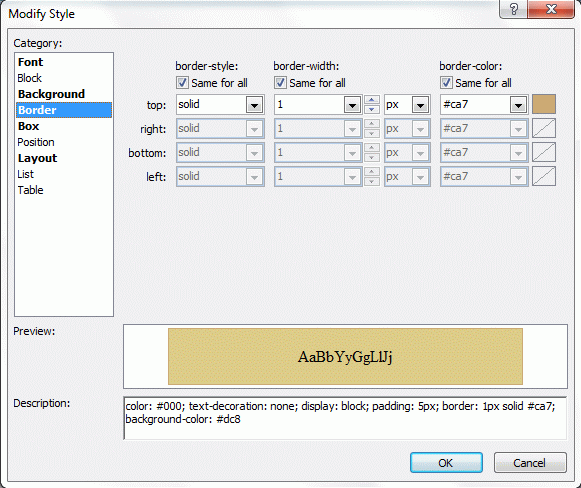 Окно редактирования CSS-класса в Microsoft Visual Studio 2008