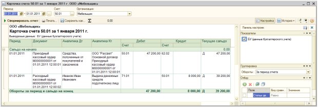 Карточка счета 50.01 за 1 января 2011