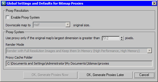 Окно Global Settings and Defaults for Bitmap Proxies (Общие настройки и параметры по умолчанию для растровых изображений-"заместителей")