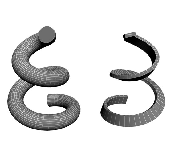 Один и тот же сплайн с округлым (слева) и прямоугольным (справа) типами сечения
