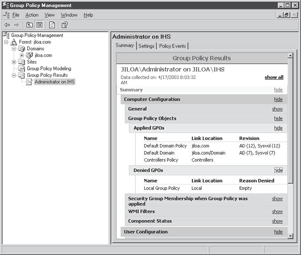 Результаты групповой политики для администратора в IHS