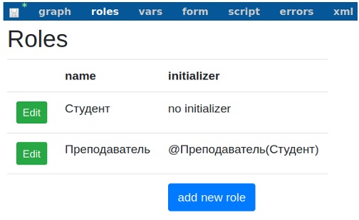 Перспективы. Вкладка roles после инициализации роли "Преподаватель" отношением 