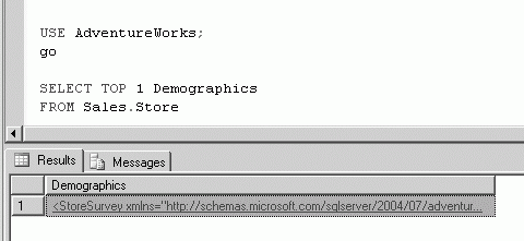 Результаты запроса XQuery, отображаемые в SQL Server Management Studiio в виде строки