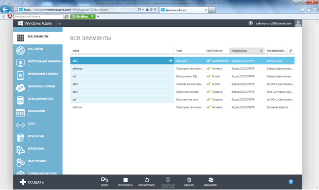 Интерфейс портала управления новой версии Windows Azure