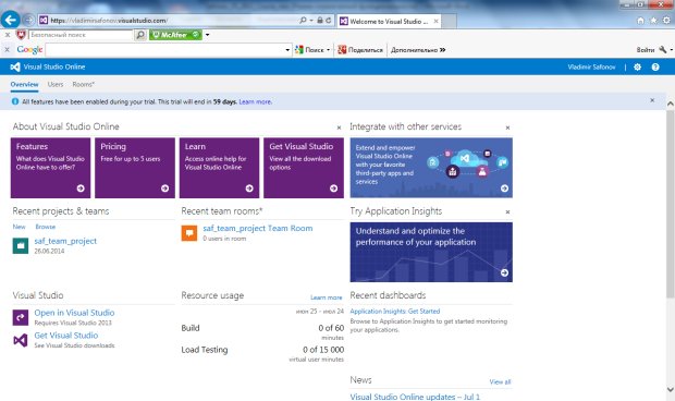 Основная страница Visual Studio Online