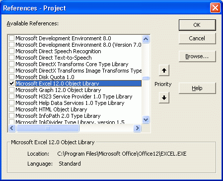 Подключение библиотеки объектов Microsoft Excel