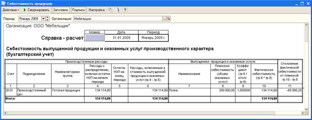 Справка-расчет Себестоимость продукции