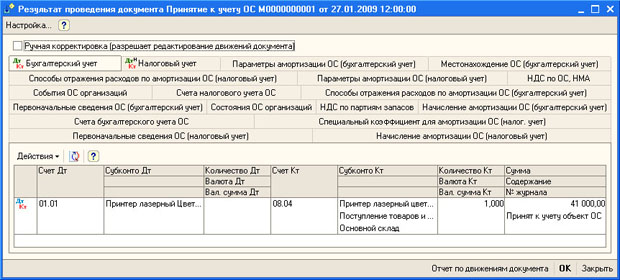 Результат проведения документа Принятие к учету ОС