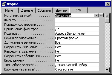 Установка свойств формы "Адреса Заказчиков"