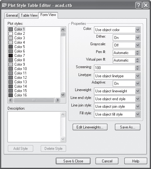 Окно Plot Style Table Editor (Редактор таблиц стилей печати)