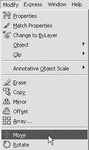  Выбор команды Move (Переместить) в меню Modify (Редактирование) 